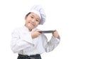 Portrait of a professional girl chef holding an empty dish. Isolated on white background