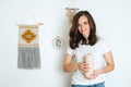 Portrait of a professional girl in macrame weaving