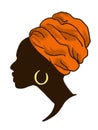 Portrait in profile of an african american woman in an orange headscarf, illustration