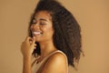 Close up portrait in profile of joyful african american model with closed eyes expressing happiness Royalty Free Stock Photo