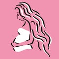 portrait profile pregnant girl long hair white on pink