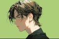 portrait in profile of a young anime man with short hair on a green background Royalty Free Stock Photo