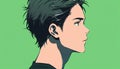 portrait in profile of a young pensive anime guy with short hair on a green background Royalty Free Stock Photo