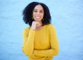 Portrait, proud and black woman in studio on mockup, space and blue background for advertising. Face, smile and girl