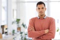 Portrait, proud businessman in office with future, vision and ambition on blurred background. Face, worker and guy