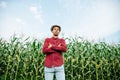 Portrait of a proud young african american farmer standing with folded arms with maize crop in background Royalty Free Stock Photo