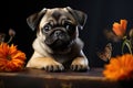 Portrait of a pug with a butterfly on a black background.