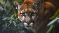 Portrait of Puma in forest. American cougar or mountain lion