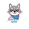 Portrait puppy in a bandana around his neck. Dog with the inscription fashion husky. Vector illustration in cartoon Royalty Free Stock Photo