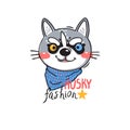 Portrait puppy in a bandana around his neck. Dog with the inscription fashion husky. Vector illustration in cartoon Royalty Free Stock Photo