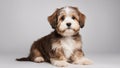 portrait of a puppy Beautiful happy reddish havanese puppy dog is sitting frontal and looking at camera, Royalty Free Stock Photo