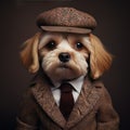 Portrait of puppy in a fashion suit, Dog dressed with Victorian stile in a fancy dress and hat