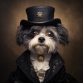 Portrait of puppy in a fashion suit, Dog dressed with Victorian stile in a fancy dress and hat