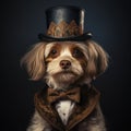 Portrait of puppy in a fashion suit, Dog dressed with Victorian stile in a fancy dress and hat