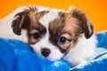 Portrait of a puppy Papillon on an orange background Royalty Free Stock Photo