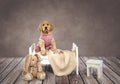 Portrait of puppy in pink pajamas