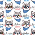 Portrait puppys and inscription fashion husky. Dog in a bandana around his neck. Seamless pattern in cartoon style Royalty Free Stock Photo