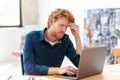 Portrait of puzzled, tired stressed young man depression, bankruptcy, overwork Royalty Free Stock Photo