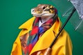 Portrait of a python snake wearing a raincoat and an umbrella in studio, colorful background. Autumn concept. Generative AI