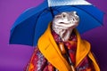Portrait of a python snake wearing a raincoat and an umbrella in studio, colorful background. Autumn concept. Generative AI