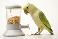 Portrait of Quaker parrot near a feeder with bird food isolated on a white background