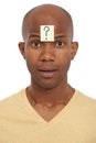 Portrait question mark sticker or black man with sign or doubt for decision, ideas or problem solving. Confused, face or Royalty Free Stock Photo