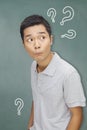 Portrait questioning young man in front of blackboard with question marks Royalty Free Stock Photo