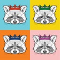 Portrait of raccoon with the crown. Pop art style vector illustration. Royalty Free Stock Photo