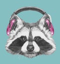 Portrait of Raccoon with headphones.