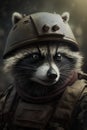 Portrait of a raccoon in a helmet of the Soviet Army.