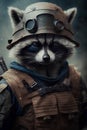 Portrait of a raccoon in a steampunk helmet.