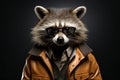 Raccoon with sunglasses wearing leather jacket on solid background. Generative AI