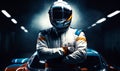 Portrait of racer in protective suit. Helmet wearing race car driver. generative ai Royalty Free Stock Photo