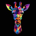 Portrait rainbow giraffe black background, polygon design for printing on a T-shirt, mug, notebook