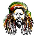 Portrait of rastaman. Jamaica theme. Reggae concept design. Tattoo art. Hand drawn grunge style art. Royalty Free Stock Photo