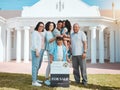 Portrait, real estate and a family with a for sale sign outside of their home together for growth or relocation