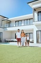 Portrait, real estate and happy family moving into their new luxury home, house or property in summer. Happy parents and Royalty Free Stock Photo