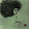 Portrait realist black woman with coffee with lipstick fashion Royalty Free Stock Photo