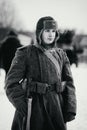 Portrait of the Red Army soldier. Black and white photo.