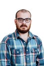 Portrait of a red-bearded, balding male brutal. White isolated b