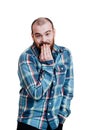 Portrait of a red-bearded, balding male brutal. White isolated b