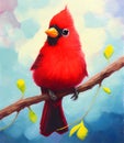 Portrait of red cardinal bird on a branch with yellow leaves. Digital oil painting