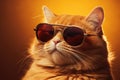 Portrait of a red cat in sunglasses on a yellow background, Closeup portrait of a funny ginger cat wearing sunglasses, AI