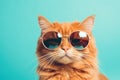 Portrait of a red cat wearing sunglasses on a blue background, Closeup portrait of funny ginger cat wearing sunglasses isolated on