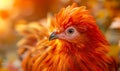portrait of a red chicken with orange feathers, blurred background, warm sunlight Royalty Free Stock Photo