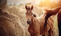 Portrait of a red foal with an asterisk on a forehead on the background of bales of hay