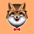 Portrait of a red fox in glasses. face fox with red bow-tie. sly fox smiles. hipster style. Stylized vector. Sketch for poster,