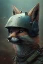 Portrait of a red fox in a helmet of Soviet soldiers.