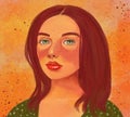 Portrait of a red-haired beautiful woman or girl with freckles on her face, on an orange speckled background
