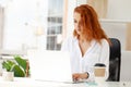 Portrait red-haired beautiful woman working in the office. Royalty Free Stock Photo